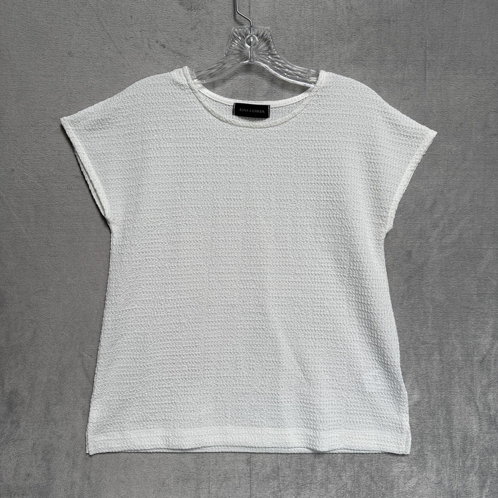 GALLORIA Shirt Womens Small White Textured Knit Cap Sleeve Crew Neck Top Stretch